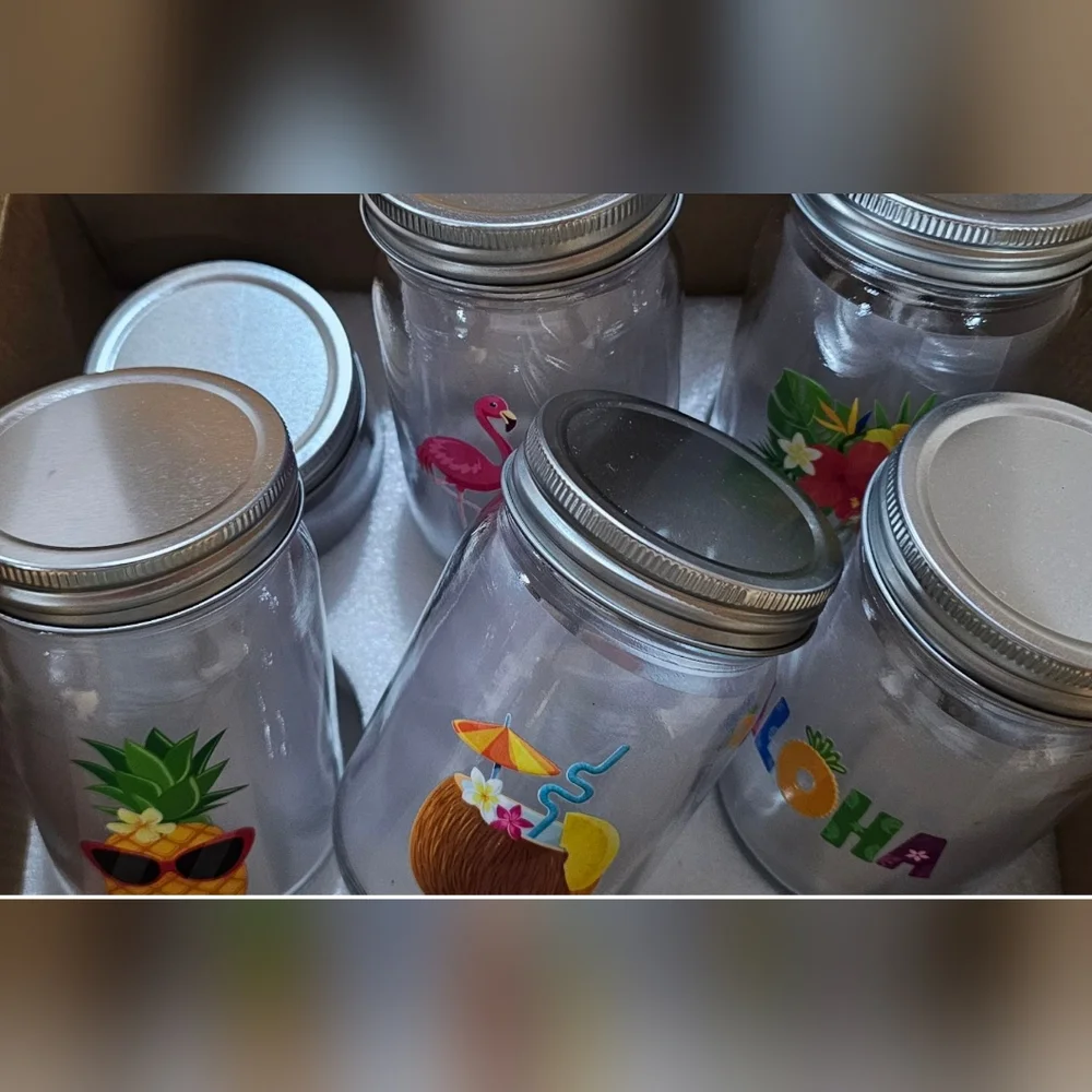 NEW - Tropical LED Mason Jar Lights - Set of 6 Hawiian Luau~Flamingos~Pineapple